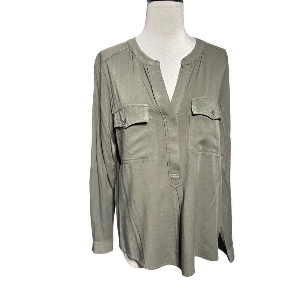 Dalia Army Green Long Sleeve Roll Tab Tunic Blouse Size Small